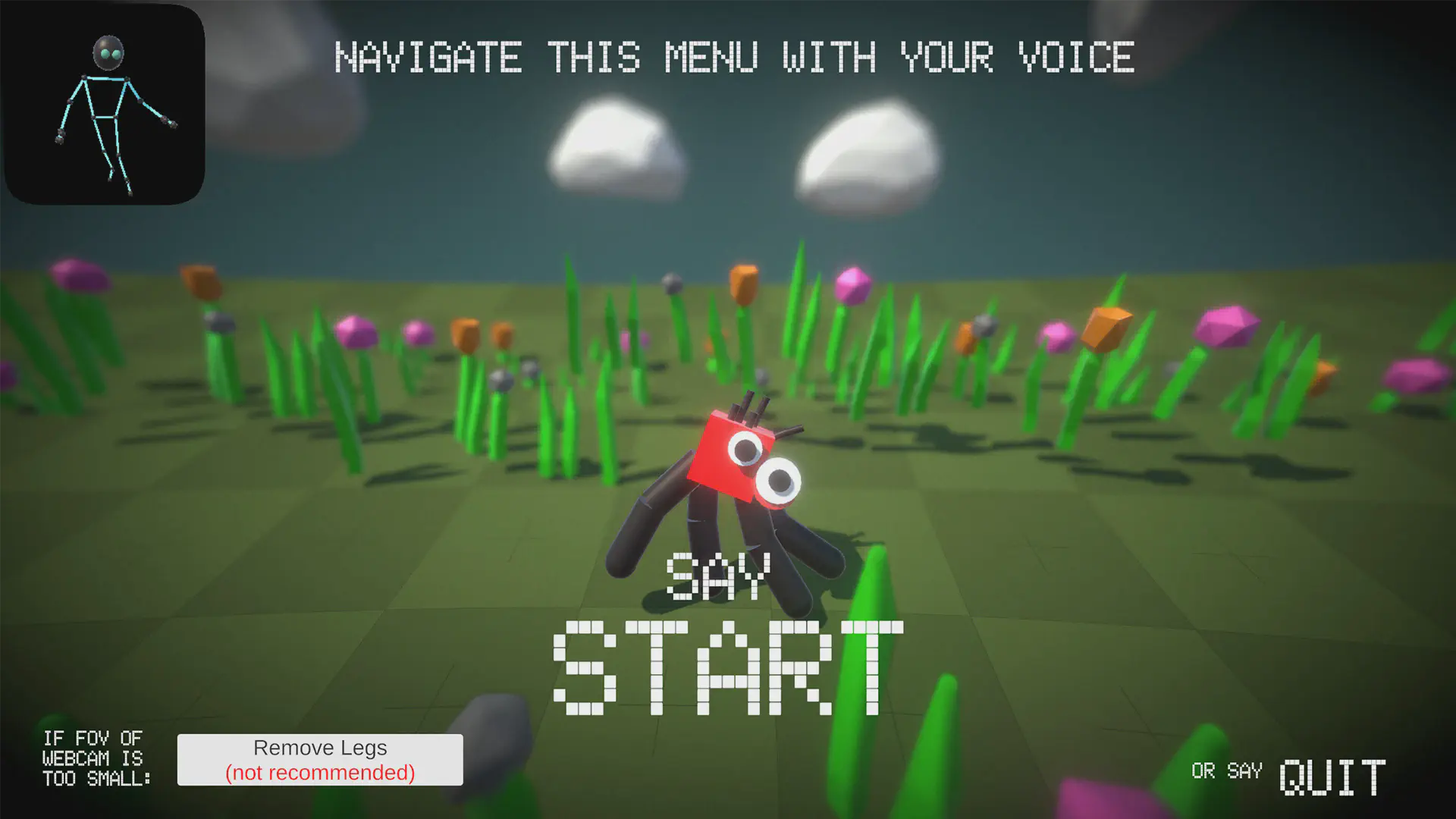 Turbo Waddle Game Start Screen. The game character is suspended in the air over a grassy landscape. Bold in the screen says "Navigate this menu with your voice - say start"